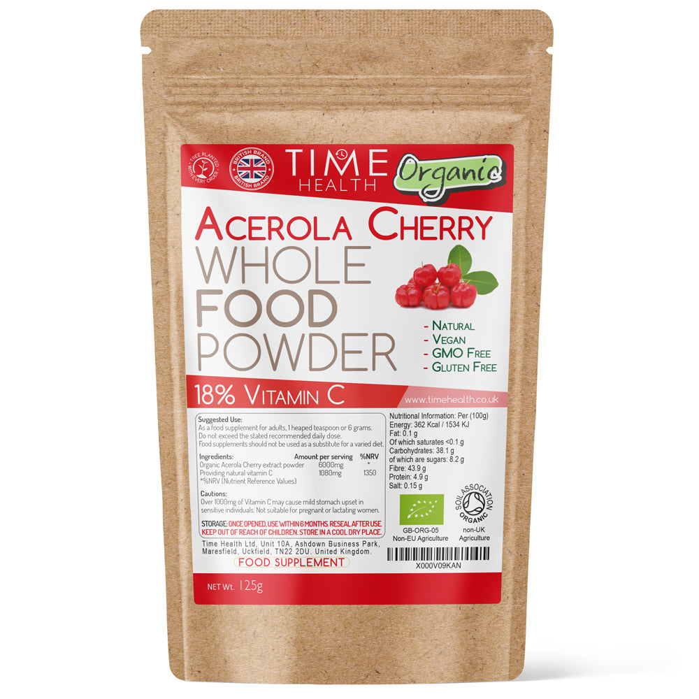 Package of Time Health Organic Acerola Cherry Whole Food Powder on a white background