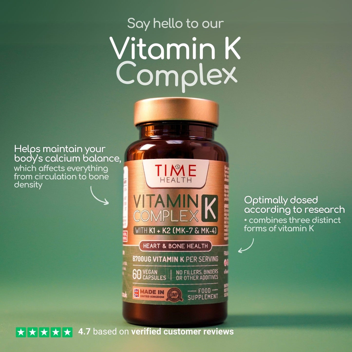 Vitamin K Complex - Active Forms K1 + K2 (MK-7 & MK-4) - 6700μg per Serving - Heart & Bone Health - 60 Capsules
