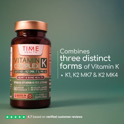 Vitamin K Complex - Active Forms K1 + K2 (MK-7 & MK-4) - 6700μg per Serving - Heart & Bone Health - 60 Capsules