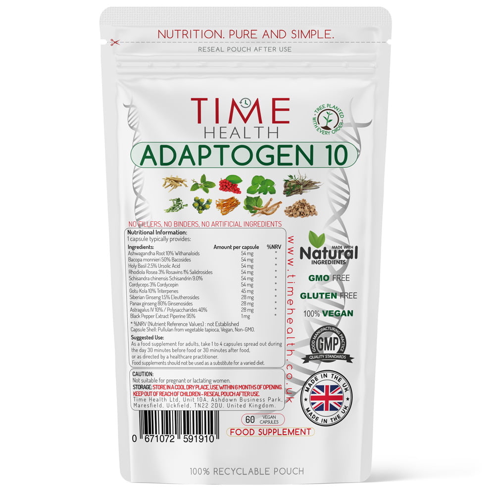 Adaptogen 10 - Ashwagandha, Bacopa, Holy Basil, Rhodiola Rosea, Schisandra, Cordyceps, Gotu Kola, Siberian Ginseng, Panax Ginseng, Astragalus IV - Includes Black Pepper for Added Absorption