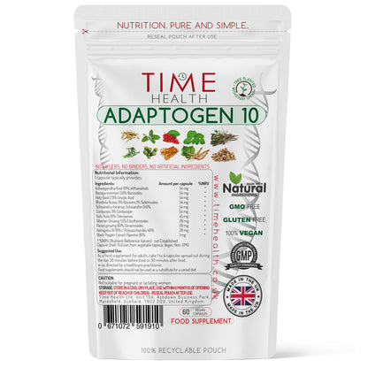 Adaptogen 10 - Ashwagandha, Bacopa, Holy Basil, Rhodiola Rosea, Schisandra, Cordyceps, Gotu Kola, Siberian Ginseng, Panax Ginseng, Astragalus IV - Includes Black Pepper for Added Absorption