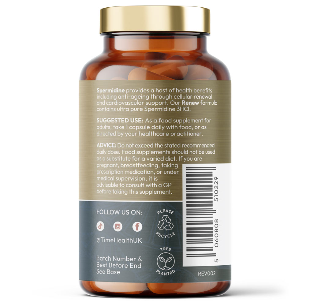 Renew - Spermidine - 6.5mg x 60 Capsules - 99% Purity Spermidine 3HCI - Promotes Autophagy - AMPK & SIRT1 Enzyme Activation - Gluten Free Time Health Bottle