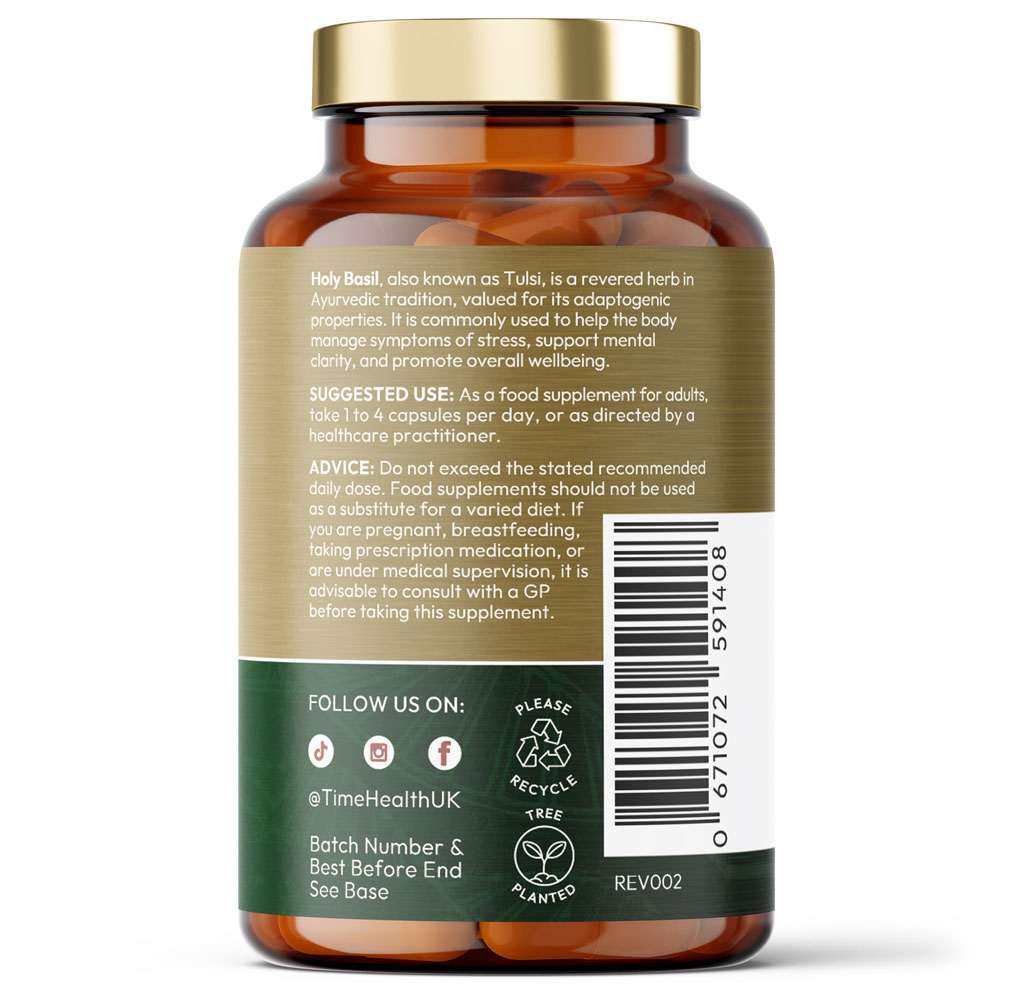 Holy Basil 20:1 (Ocimum Sanctum) 2.5% Ursolic Acid - Zero Additives 120 capsule Bottle Time Health