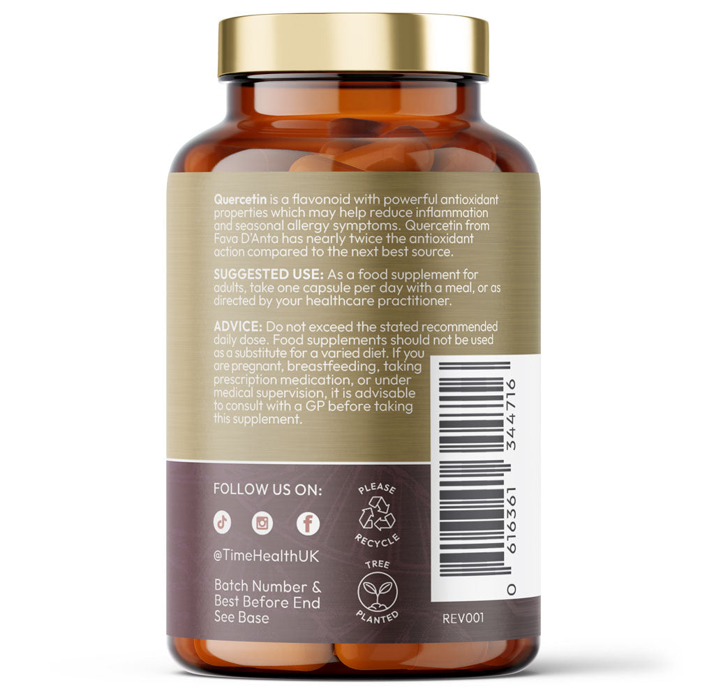 Bottle of Time Health's Quercetin, displaying a description of the product on a white background.