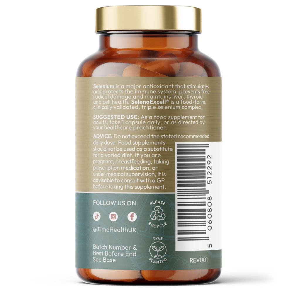 Bottle of Time Health Selenium supplements on a white background
