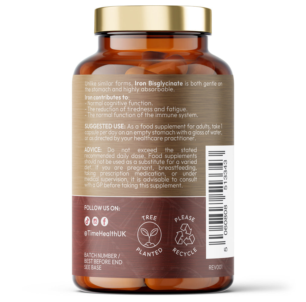 Time Health Iron Bisglycinate - High Strength 24mg Iron Plus Natural Vitamin C - Energy & Immune Support