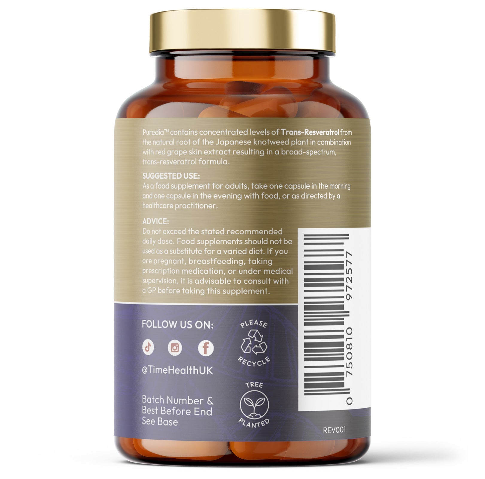 Trans Resveratrol - Premium Puredia - 180 Capsule Bottle - 3 Month Supply - Split Dosage for maximum benefits from Trans Resveratrol - UK Manufactured - Zero Additives Time Health