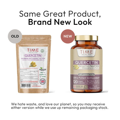 Comparison of Time Health Quercetin packaging, old and new versions, explaining that you may temporarily receive either packaging.