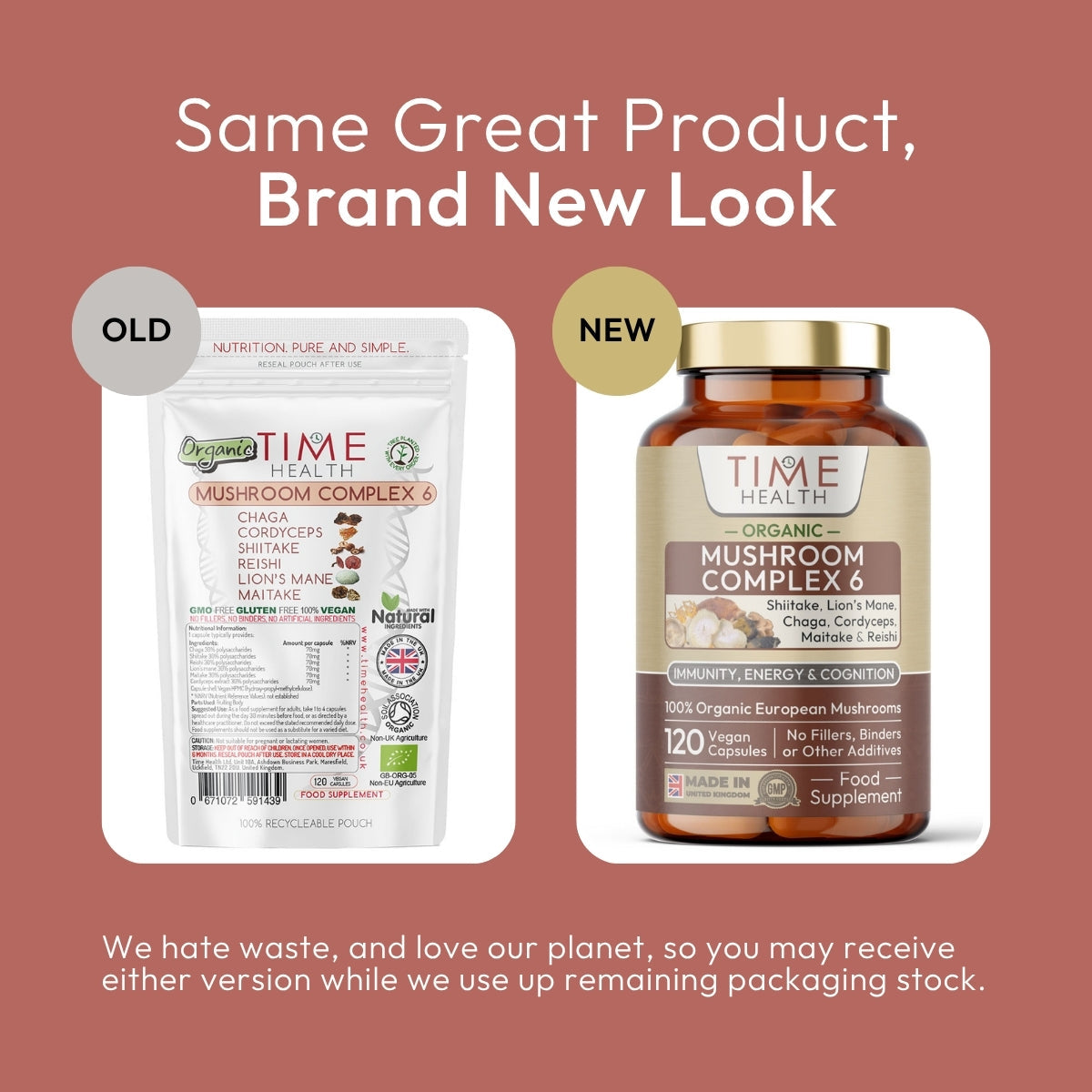 Organic Mushroom Complex 6 – Chaga, Cordyceps, Shiitake, Reishi, Lion's Mane, Maitake, same product, new look
