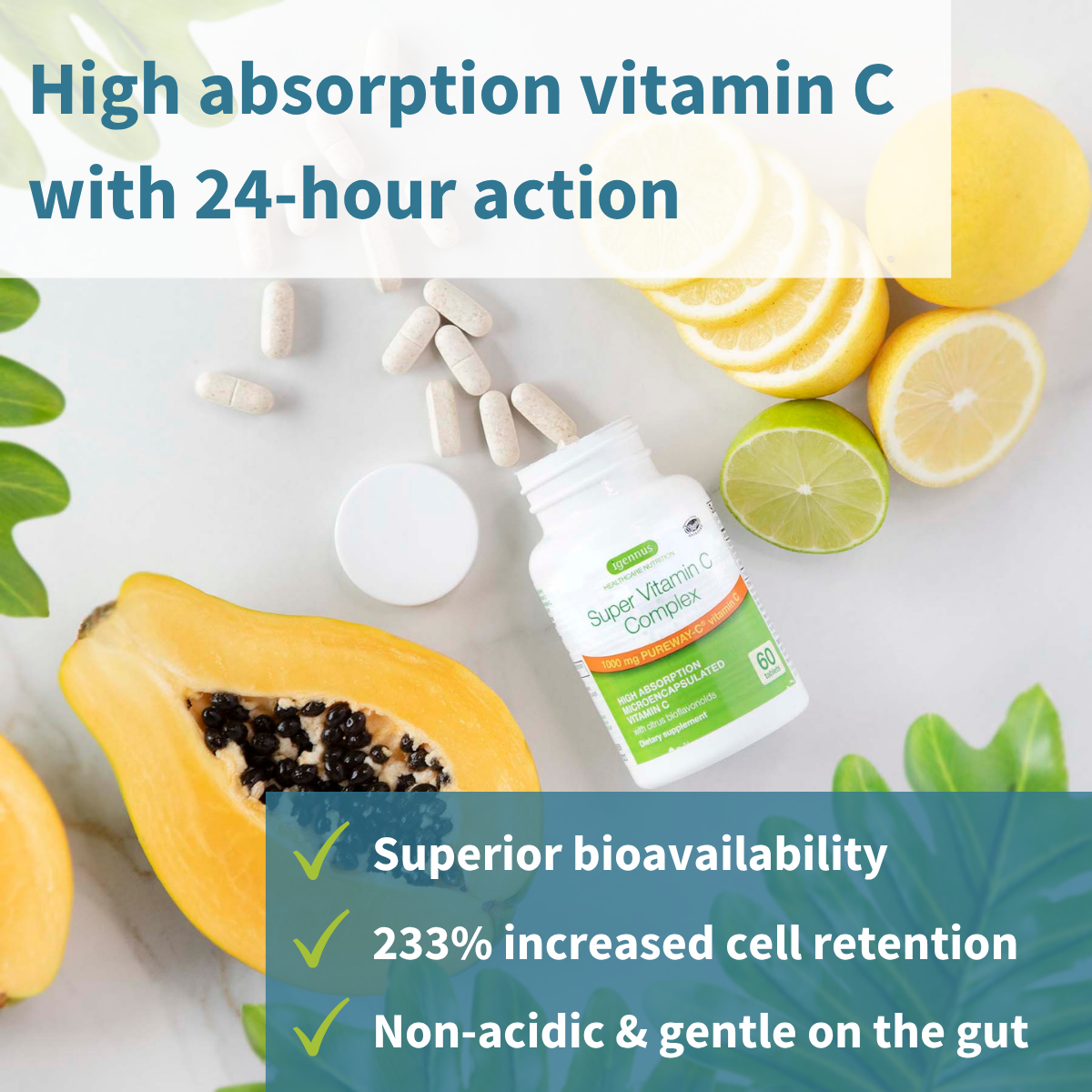 Vitamin C supplement with lemons, papaya, and text highlighting benefits on a white background