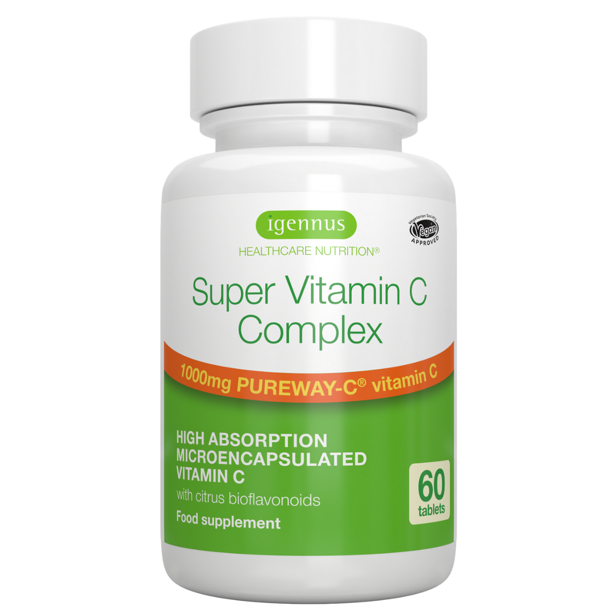 Supplement bottle labeled 'Super Vitamin C Complex' by igennus on a white background