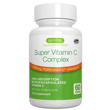 Supplement bottle labeled 'Super Vitamin C Complex' by igennus on a white background