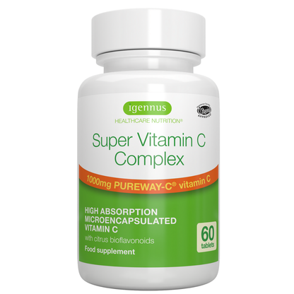Supplement bottle labeled 'Super Vitamin C Complex' by igennus on a white background