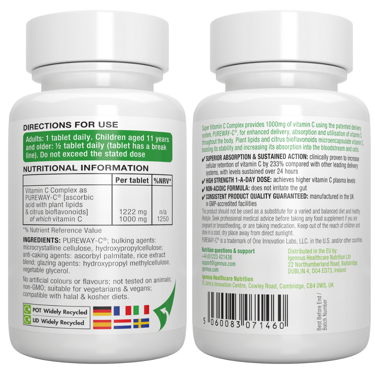 Two white supplement bottles with labels showing directions for use and nutritional information.