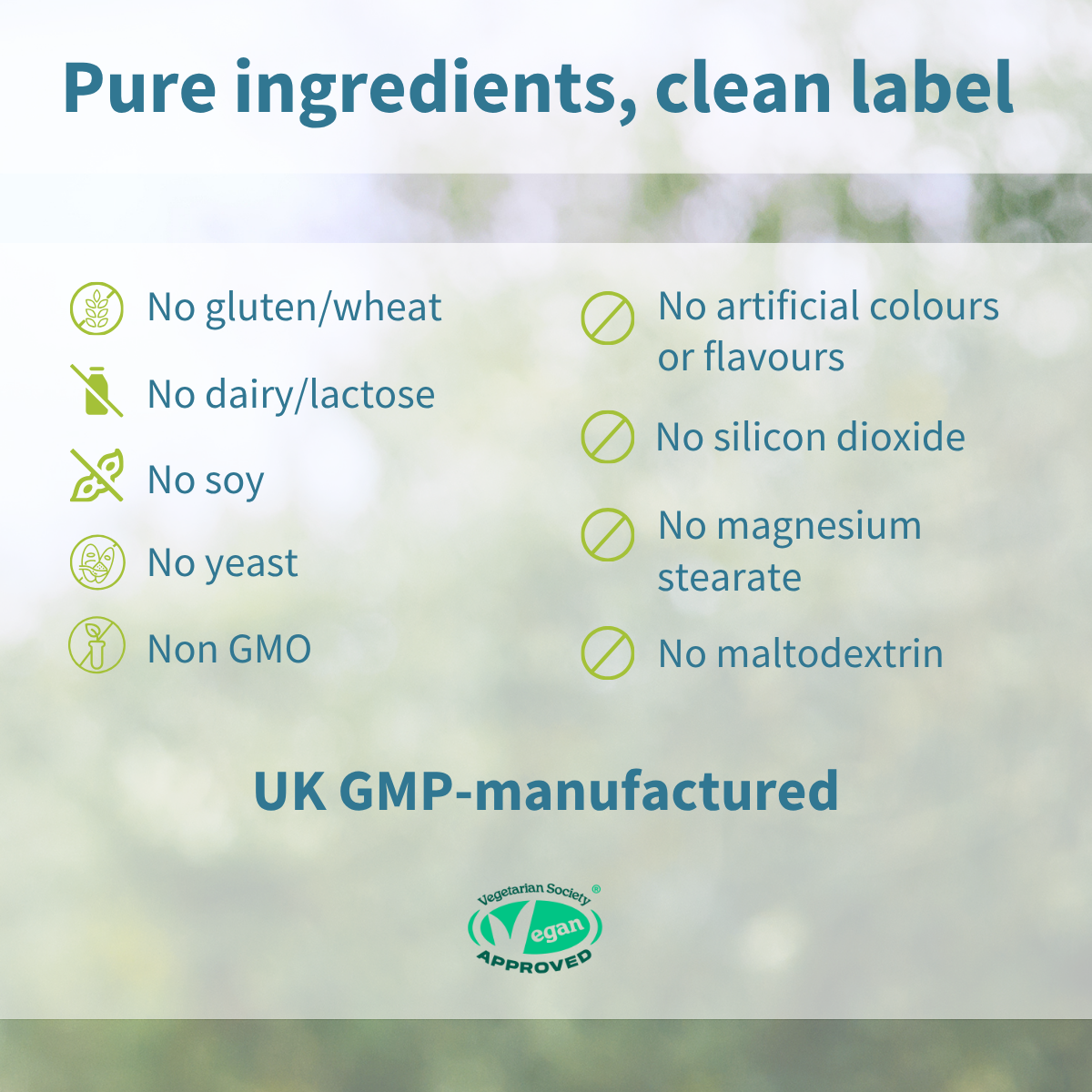 List of pure ingredients with corresponding icons on a blurred green background
