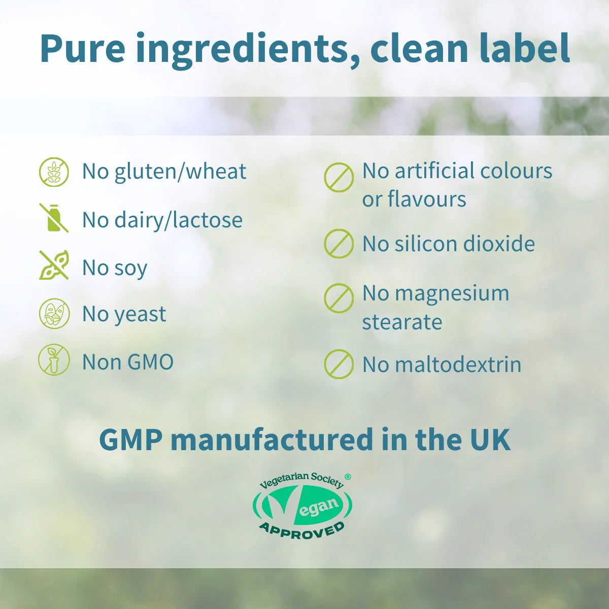 List of pure ingredients and certification details on a blurred natural background