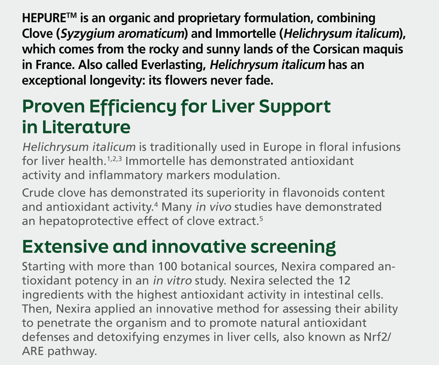 Text description of Hepure, an organic formulation with Clove and Immortelle, highlighting its proven efficiency for liver support.