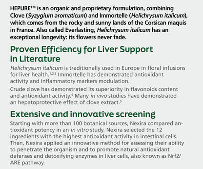 Text description of Hepure, an organic formulation with Clove and Immortelle, highlighting its proven efficiency for liver support.