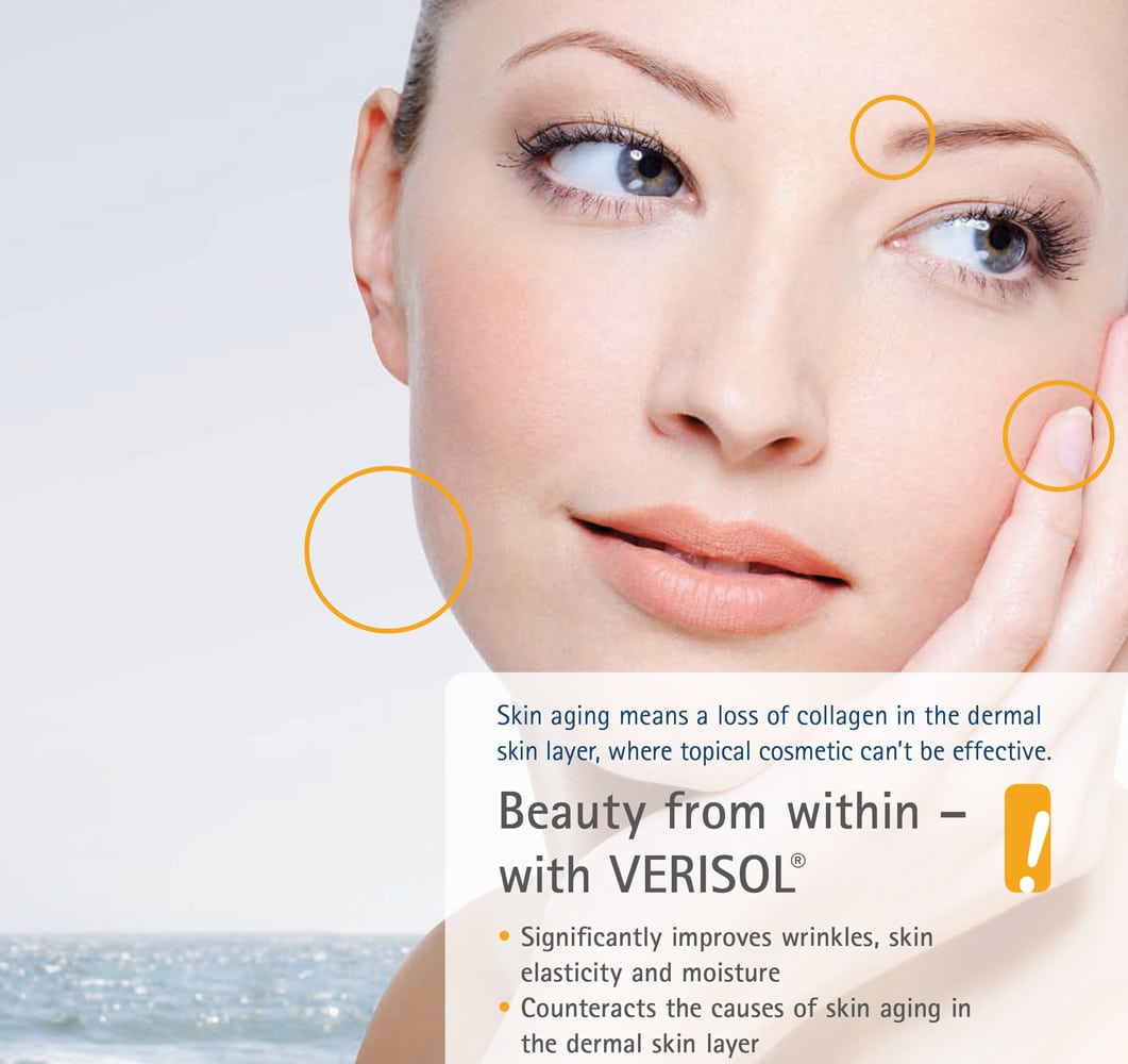 Advertisement for VERISOL skin care product showing a woman's face with text about skin aging and improvement.