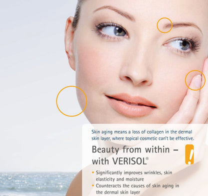 Advertisement for VERISOL skin care product showing a woman's face with text about skin aging and improvement.