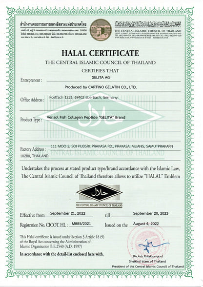 Halal certificate from the Central Islamic Council of Thailand for a product by Cartino Gelatin Co., Ltd.