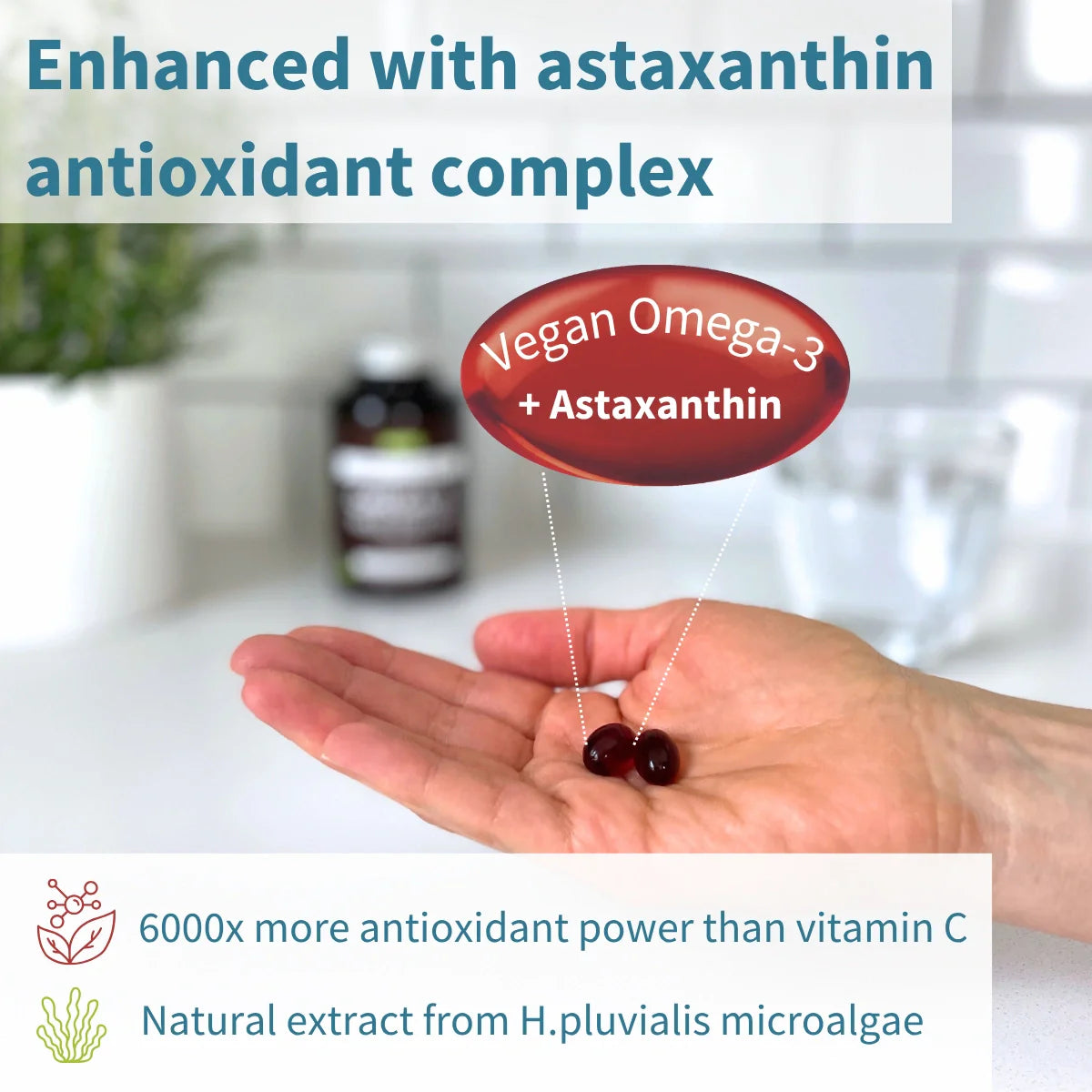 Vegan Omega-3 + Astaxanthin supplement in a hand with product and text overlay.