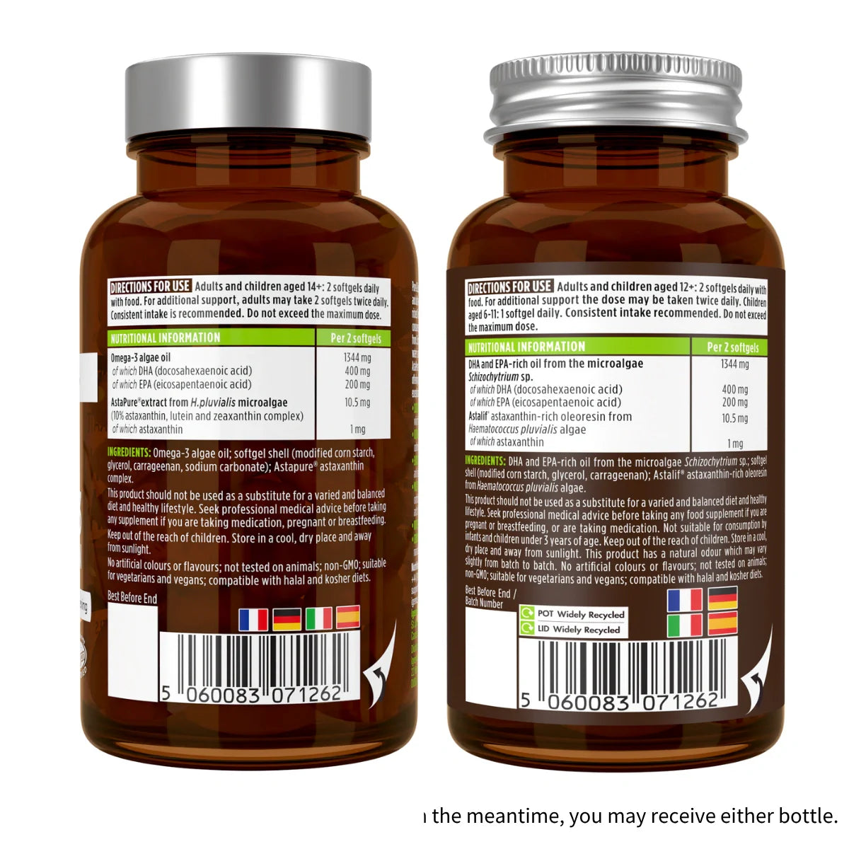 Two brown supplement bottles with labels on a white background