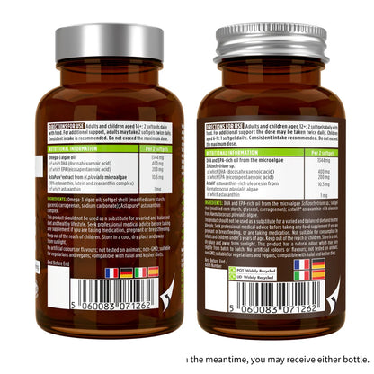 Two brown supplement bottles with labels on a white background