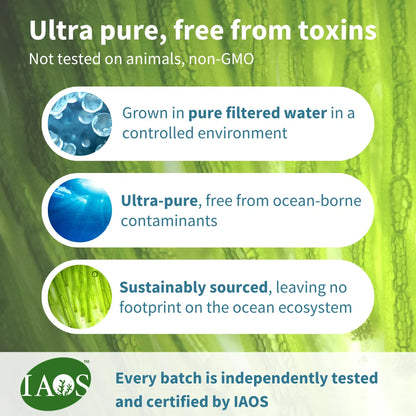 Advertisement for ultra-pure, toxin-free product with IAOS certification on a green background.