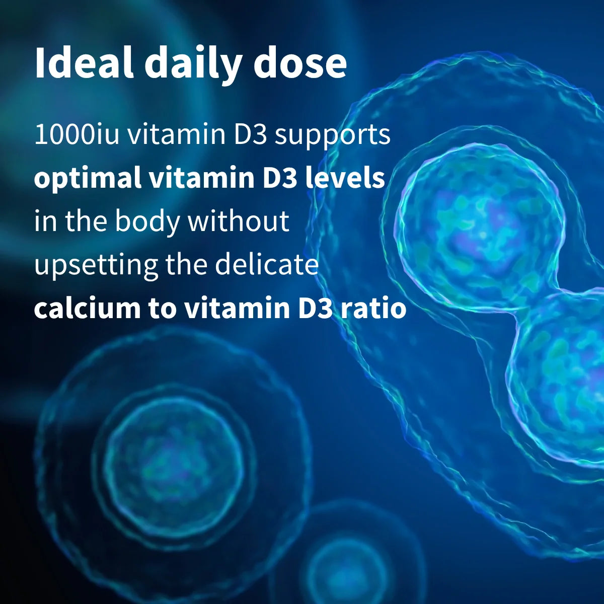 Vitamin D3 cells with text about ideal daily dose on a blue background