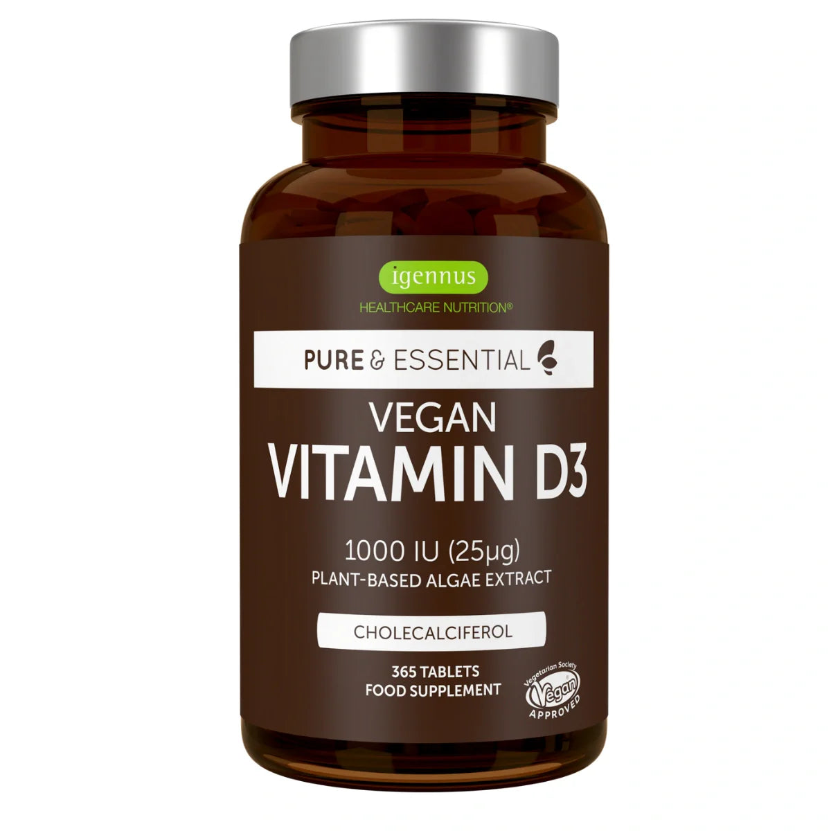 Vegan Vitamin D3 supplement bottle with brown label on a white background