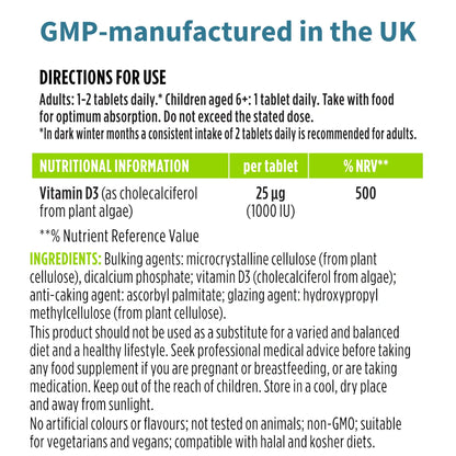 Vitamin D3 supplement label with directions for use and nutritional information.