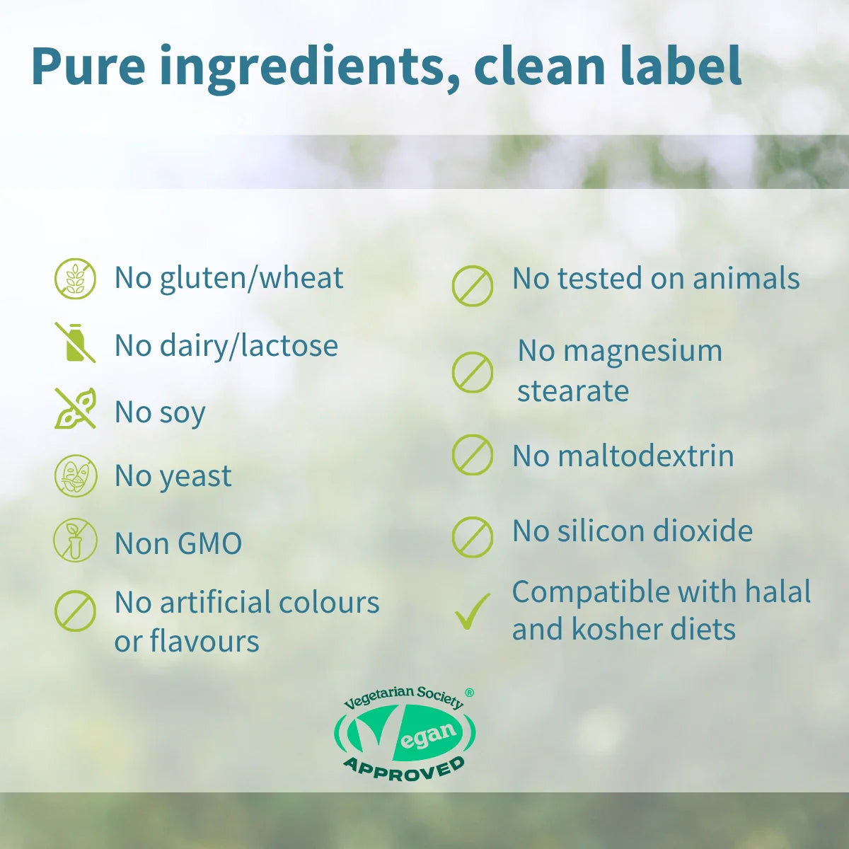 List of product ingredients with icons and text on a blurred natural background