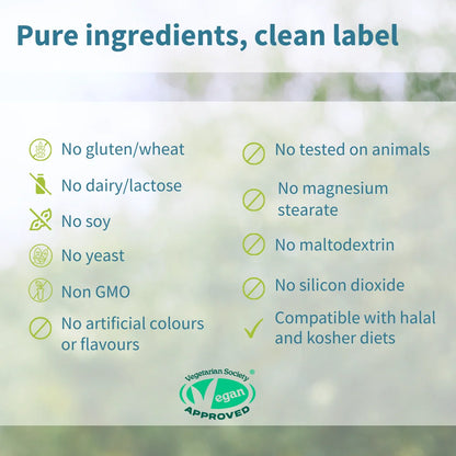 List of product ingredients with icons and text on a blurred natural background