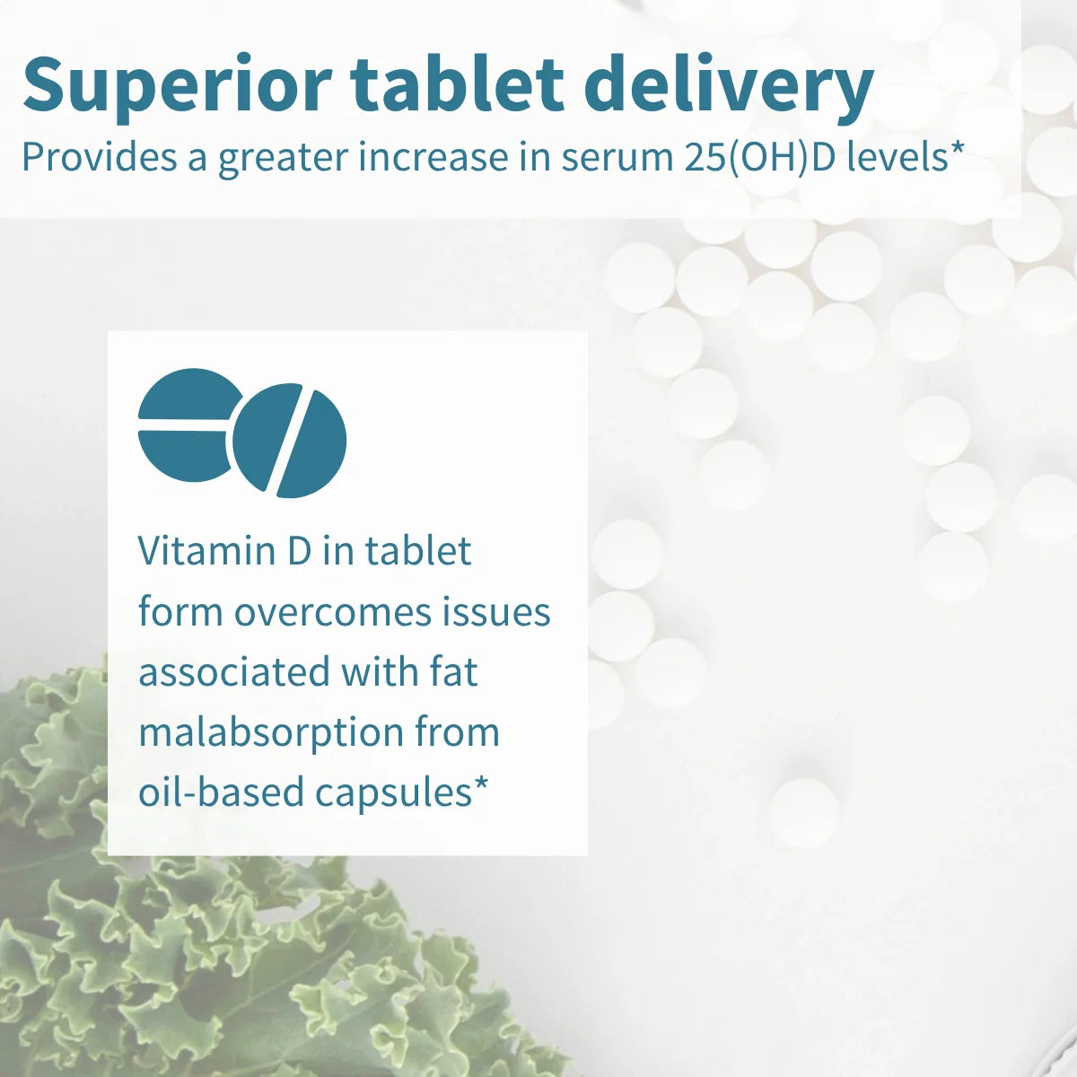 Vitamin D tablet delivery graphic with text and logo on a light background