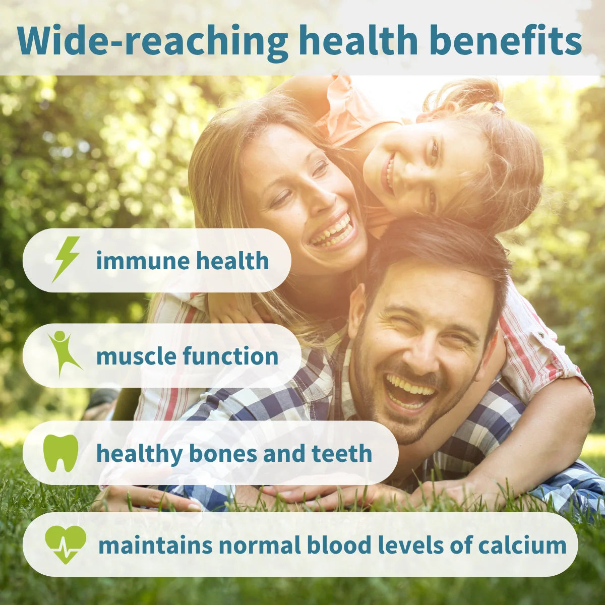 Family outdoors with health benefits text overlay