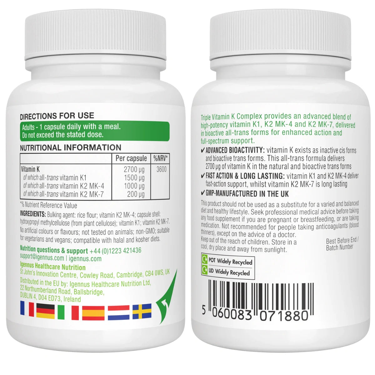 Two bottles of a vitamin supplement with labels on a white background