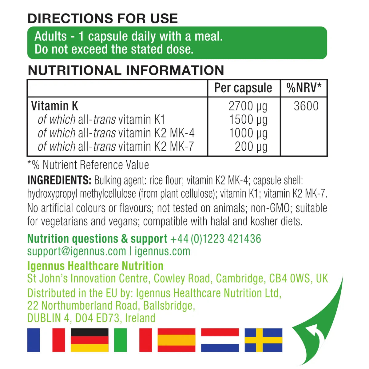 Nutritional information label for a vitamin supplement with directions for use.