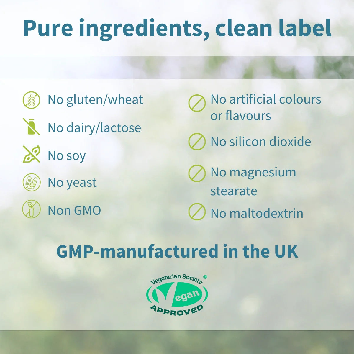 List of product ingredients with a green background and 'Vegan Approved' logo.