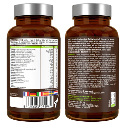 Two bottles of a supplement with labels on a white background