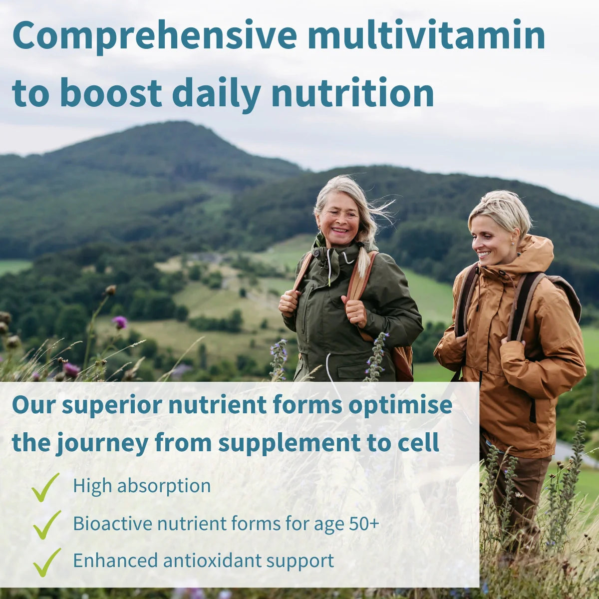 Two people hiking in a scenic landscape with text about a comprehensive multivitamin.