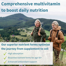 Two people hiking in a scenic landscape with text about a comprehensive multivitamin.