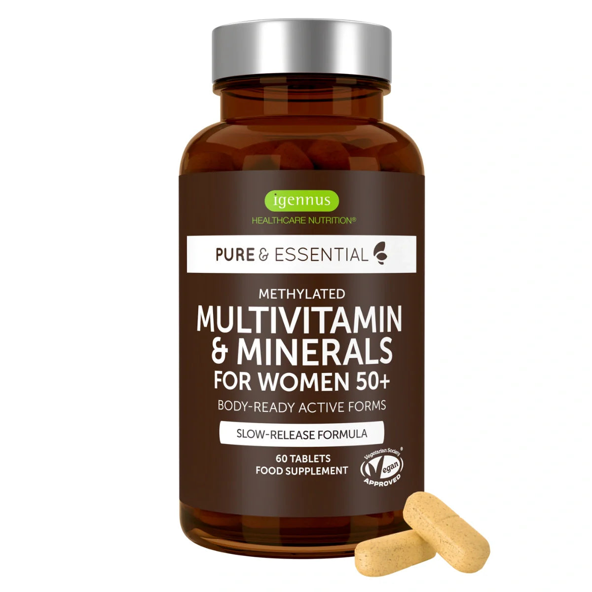 Bottle of Igennus Multivitamin & Minerals for Women 50+ on a white background
