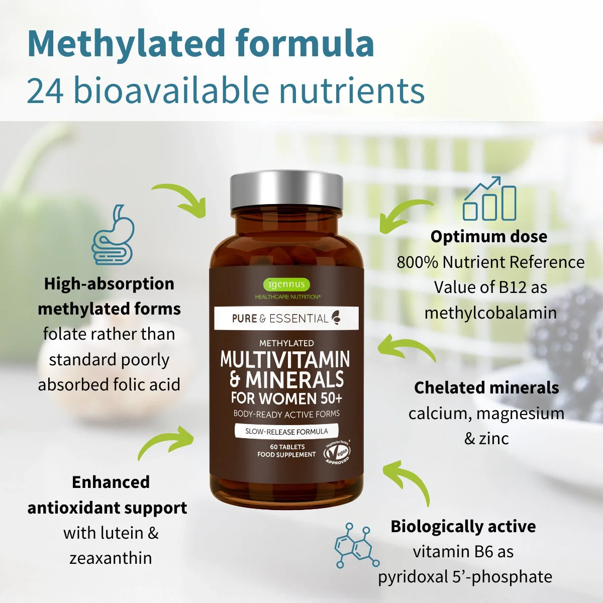 Multivitamin supplement bottle with text highlighting features on a white background