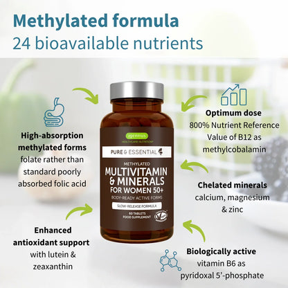 Multivitamin supplement bottle with text highlighting features on a white background