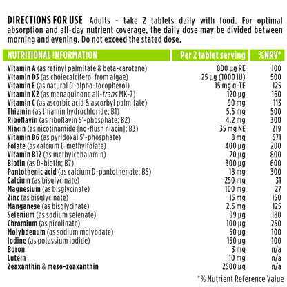 Nutritional information and directions for use of a supplement package.