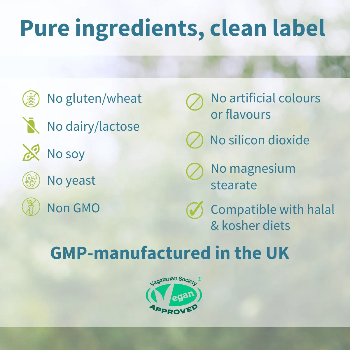 List of dietary restrictions and product attributes on a green background with a focus on purity and certification.