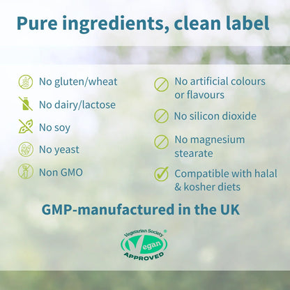 List of dietary restrictions and product attributes on a green background with a focus on purity and certification.