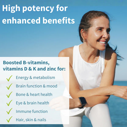 Woman sitting by the ocean with text about high potency vitamins and their benefits.