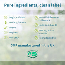 List of pure ingredients and certification details on a blurred natural background